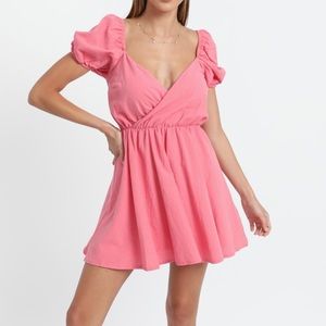 Showpo Kamala Mini Dress with Puff Sleeve in Pink Size 6 US Linen Look New